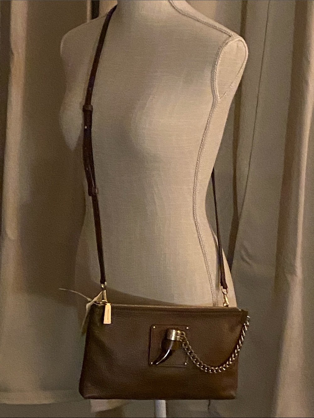 Michael Kohl’s Brown Leather Shoulder Crossbody Bag with Gold Chain Accent